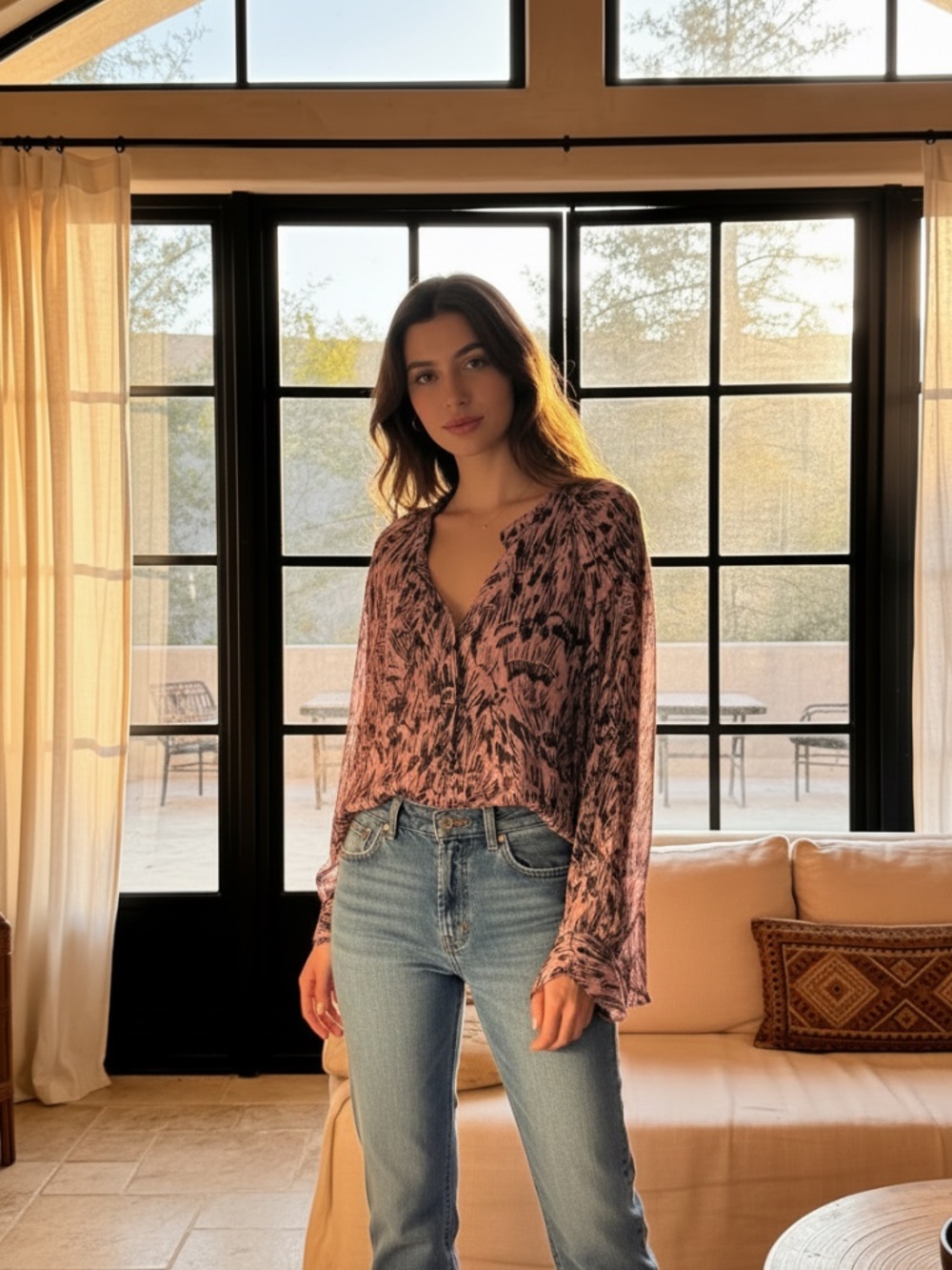 REISS Pink and Black Abstract Print Blouse Size 14
